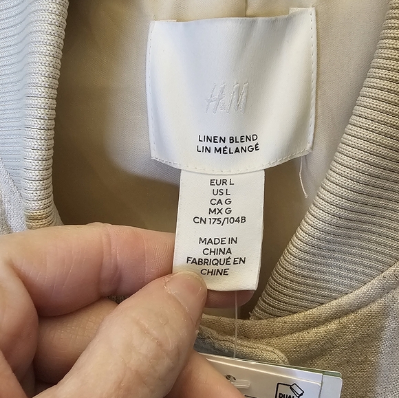 NWT H&M Linen Blend Bomber Jacket, Snap Front Light Beige  Women's Large - Picture 2 of 8